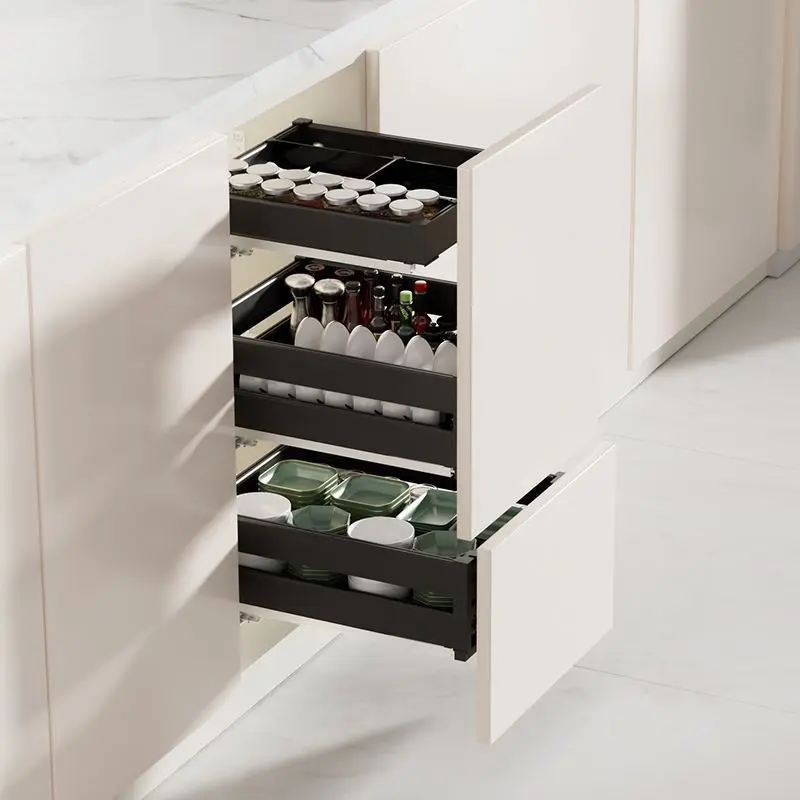 Kitchen cabinet Aluminum alloy three-layer pull-out basket Storage damping guide rail Function Multifunctional double-layer pull