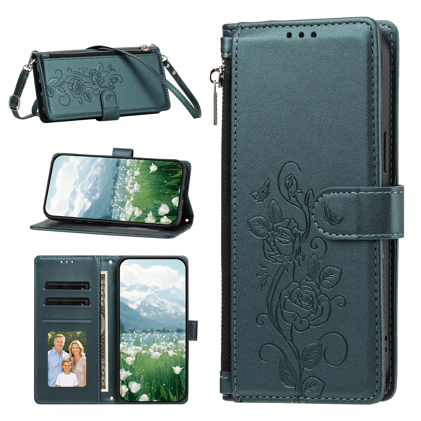 Crossbody Leather Zipper Wallet Case For Samsung Galaxy S21 Plus FE S20 Ultra S10e S10 S9 S8 Lanyard Magneic 3 Cards Flip Cover