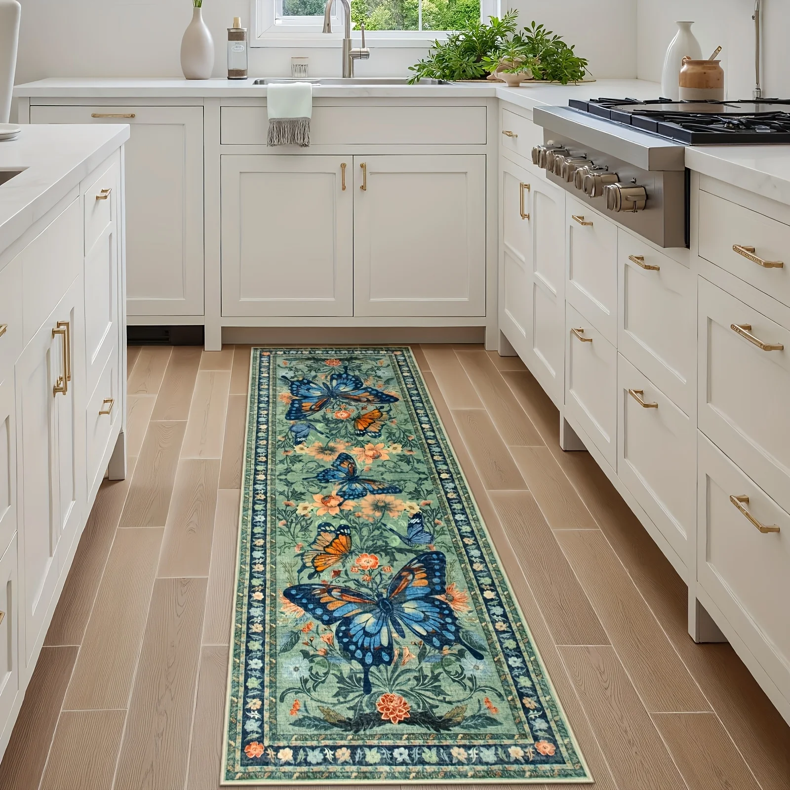 Vintage Butterfly Floral Long Runner Rug, Boho Botanical Print Hallway Carpet, Non-Slip Floor Mat for Bedroom Living Room Carpet