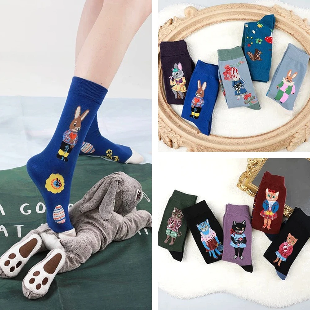 

New Women Cotton Korean Designer Cute Forest Animal Cat Socks Female AB Mid-Calf Squirrel Rabbit Personality Funny Novelty Socks