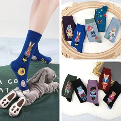 New Women Cotton Korean Designer Cute Forest Animal Cat Socks Female AB Mid-Calf Squirrel Rabbit Personality Funny Novelty Socks