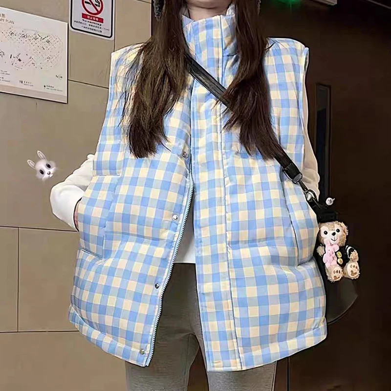 

ITOOLIN Свободная и облегающая верхняя одежда для осени и зимы, модный женский клетчатый жилет больших размеров с воротником-стойкой, пуховый хлопковый жилет