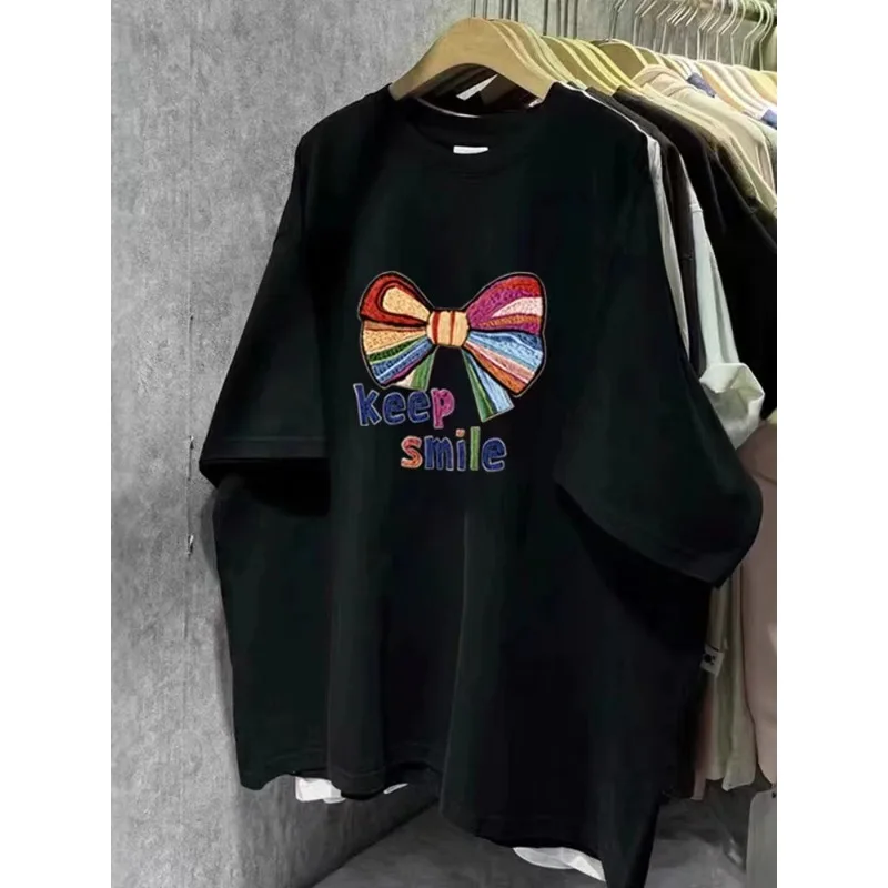 

Новая модная хлопковая футболка с милым бантом для мужчин и женщин, свободный повседневный удобный топ