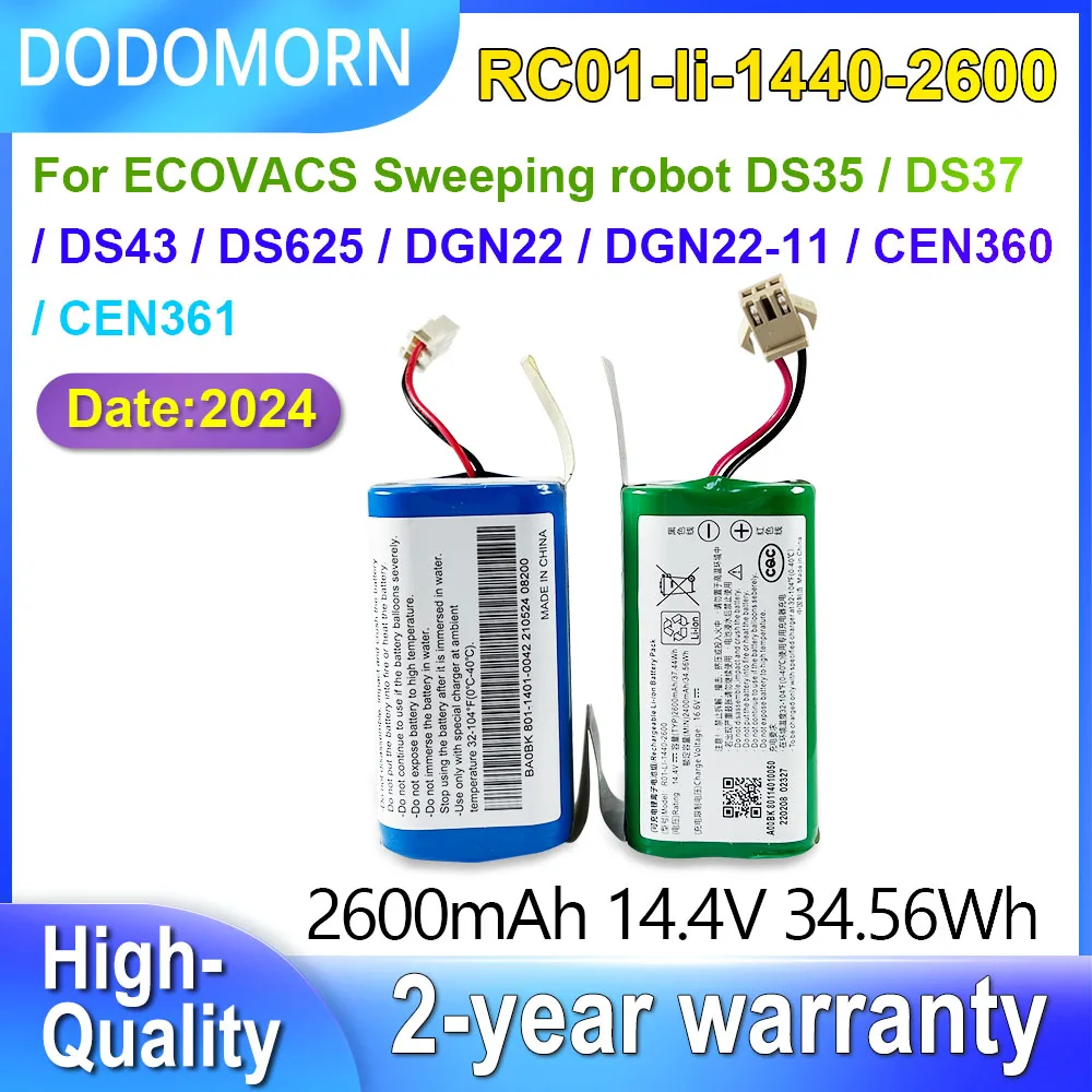 

DODOMORN 2600mAh RC01-li-1440-2600 Battery For ECOVACS Sweeping Robot DS35 DS37 DS43 DS625 CEN360 CEN361 DGN22 DGN22-11 14.4V