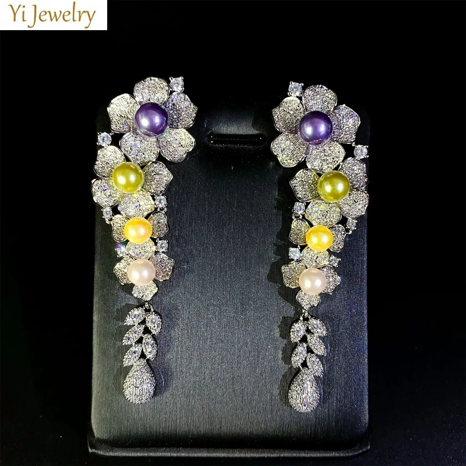 Wedding bride Jewelry Sets Gorgeous large Necklace Earrings Flower Pearl zirconia gold silver color Luxury Jewelry Evening Party