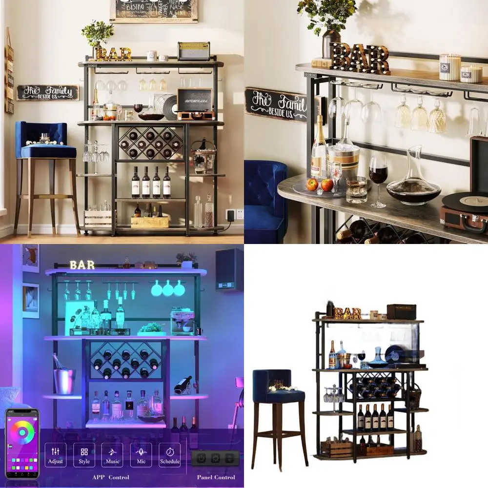 

6-ярусный серый шкаф для алкоголя с LED-подсветкой, держателем для стаканов и барным столом для кухни, столовой, гостиной