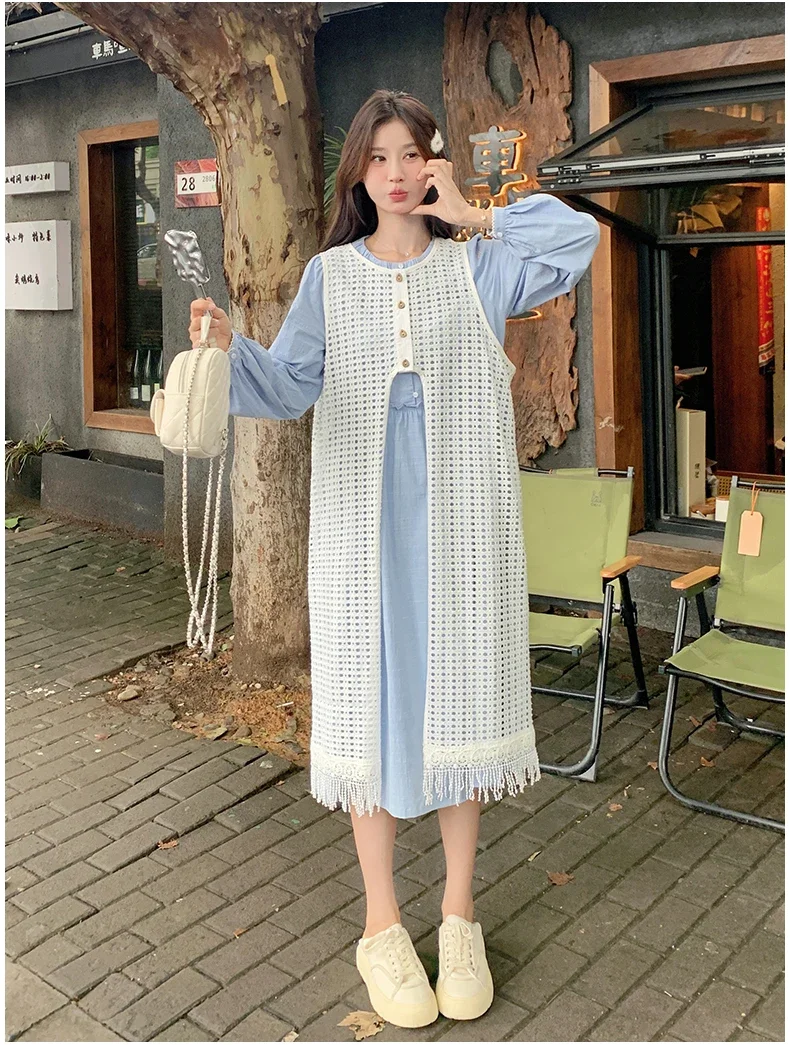 MiiiiX Mori Girl Style Sweet Dress Sets Women's 2024 Autumn Casual Loose Ruffles Blue Shirt Dress Tassel Hollow Smock Long Vest