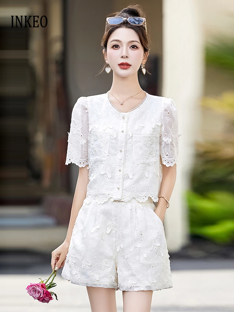

Уличная женская белая рубашка-бабочка с коротким рукавом, кружевная блузка и шорты с эластичной резинкой на талии, новинка 2023 года, комплект из 2 предметов Chic INKEO 5T087