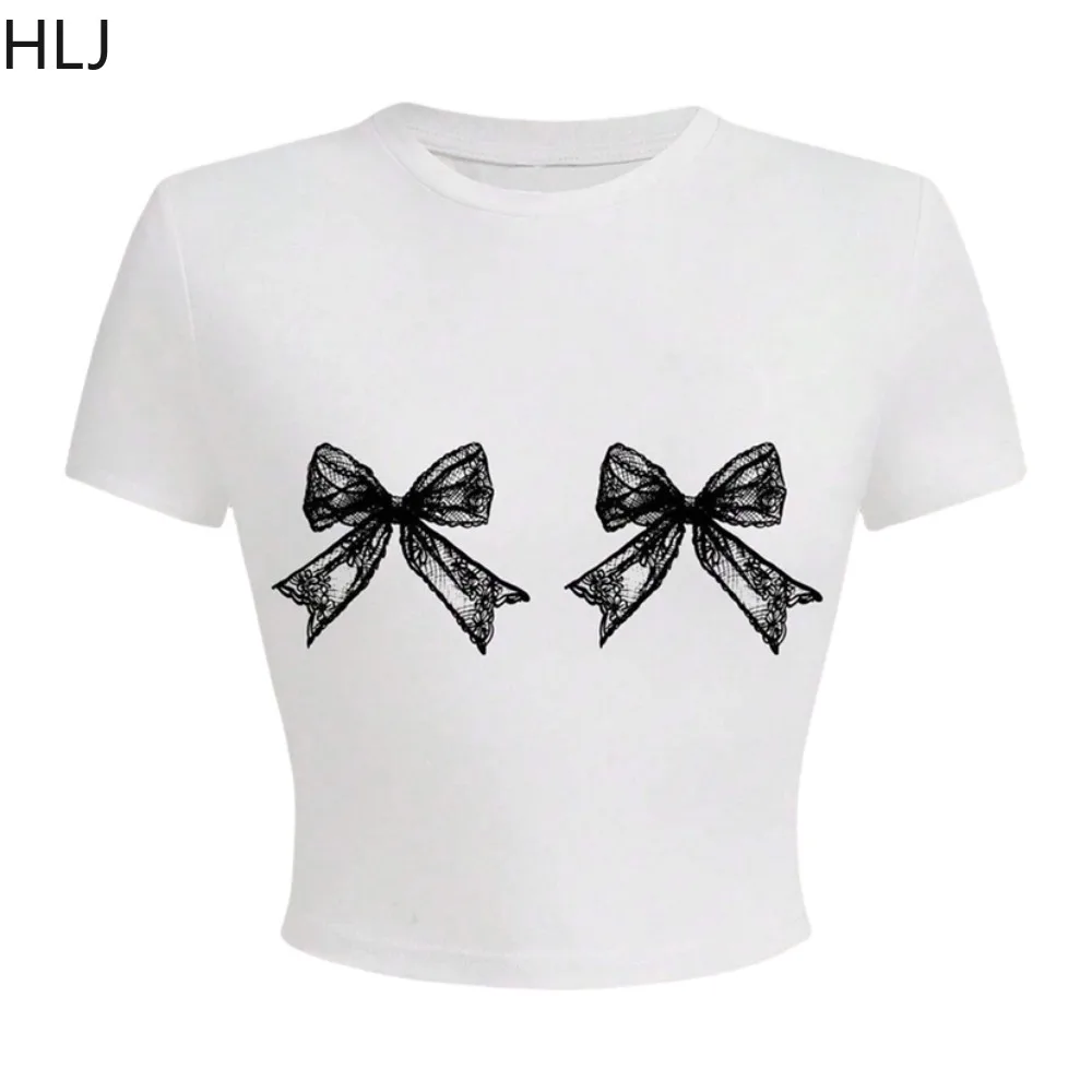 HLJ White Sweet Y2K Bow Puffy Mini Spódniczki Szorty Dwuczęściowe Zestawy Damskie O Szyja Krótki Rękaw Slim Top I Spódnice Stroje Streetwear