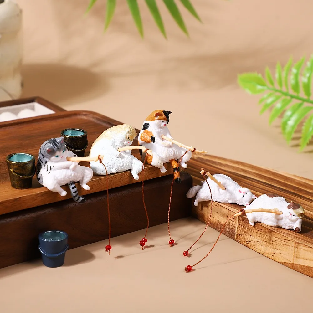 Cute Fishing Cat Figurine Resin Ornament Aquarium Fish Tank Edge Decor Micro Landscape Kitten Statue DIY Home Desk Decoration