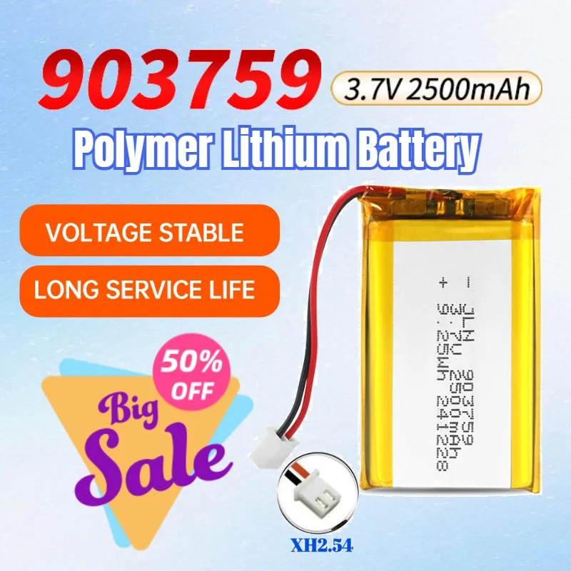 

With XH2.54 3.7V2500mAh 903759 Polymer Lithium Battery for Trackers Beauty Devices Air-conditioned Clothing Rechargeable Battery