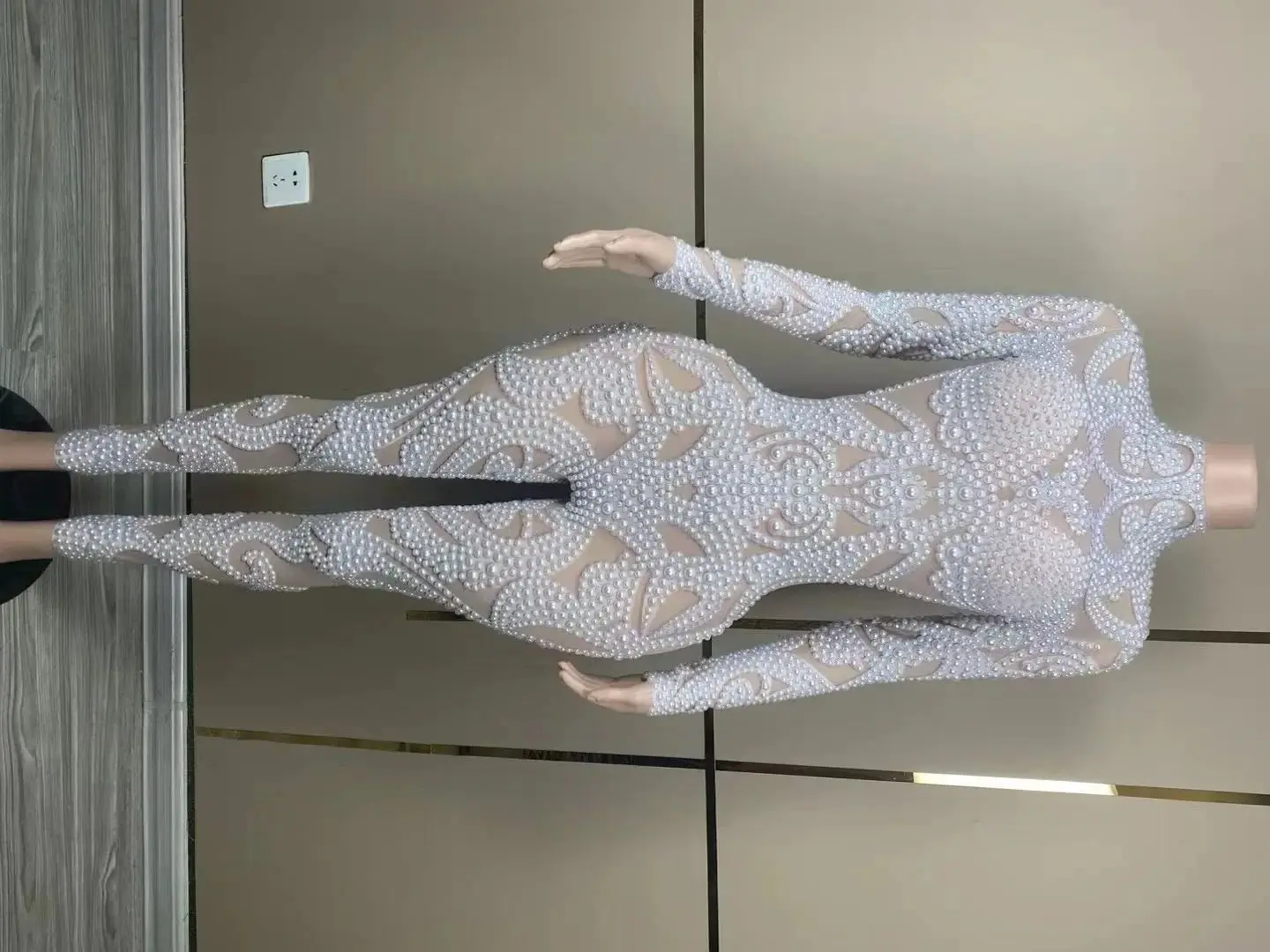 Shining Rhinestones Pearls Transparent Jumpsuit Evening Birthday Celebrate Dress Women Party Dance Performance Costume