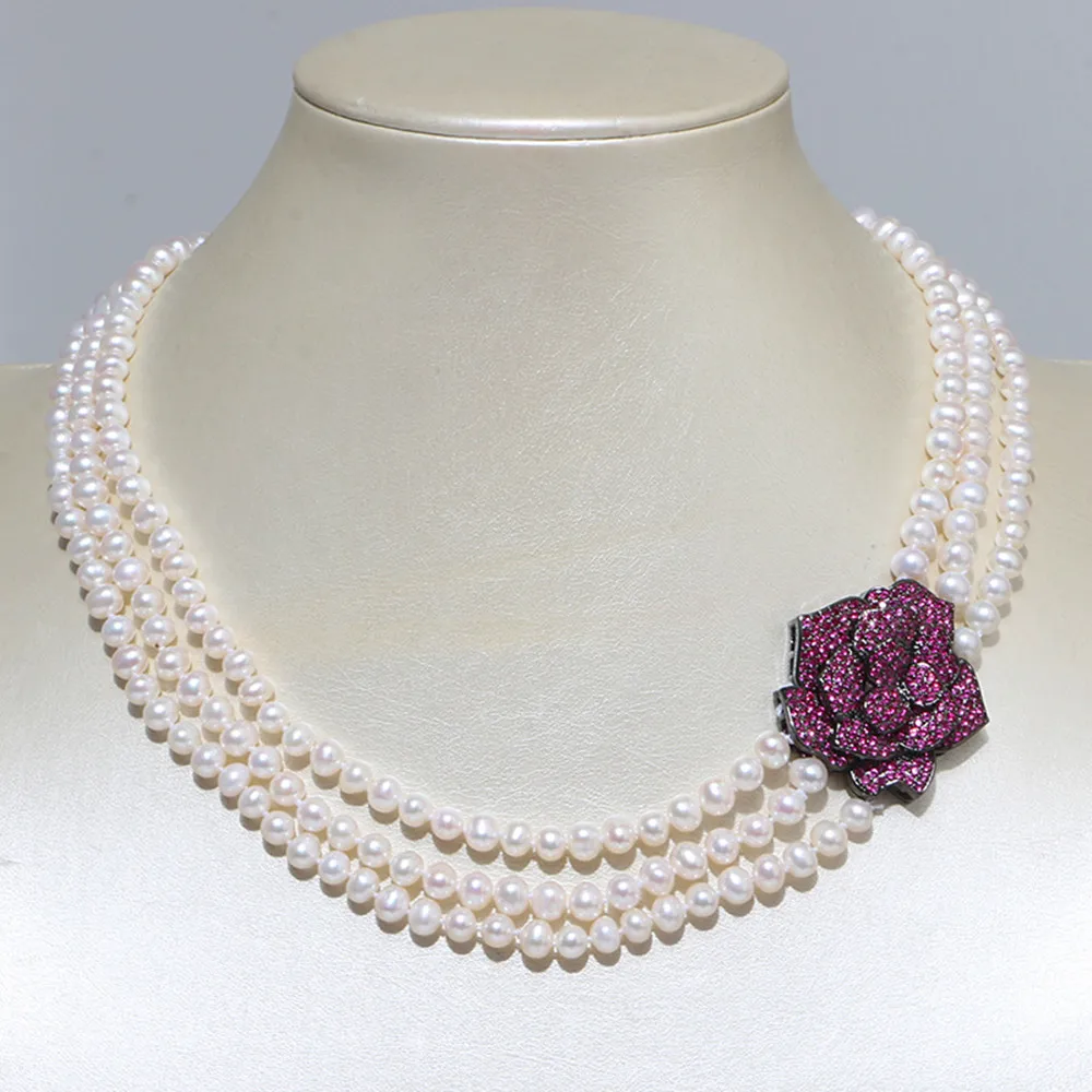 Hand knotted 3rows 5-6mm white freshwater pearl necklace 18-20inch bracelet 8inch zircon micro inlay flowers clasp set