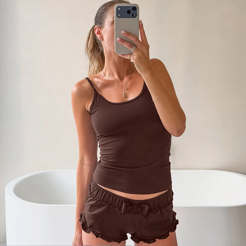 HiLoc Brown Knitted Elastic Women'S Pajamas 2-Piece Sleeveless Suspender Vest Top Elastic Waist Bow Shorts 2026 Fall Shorts Set