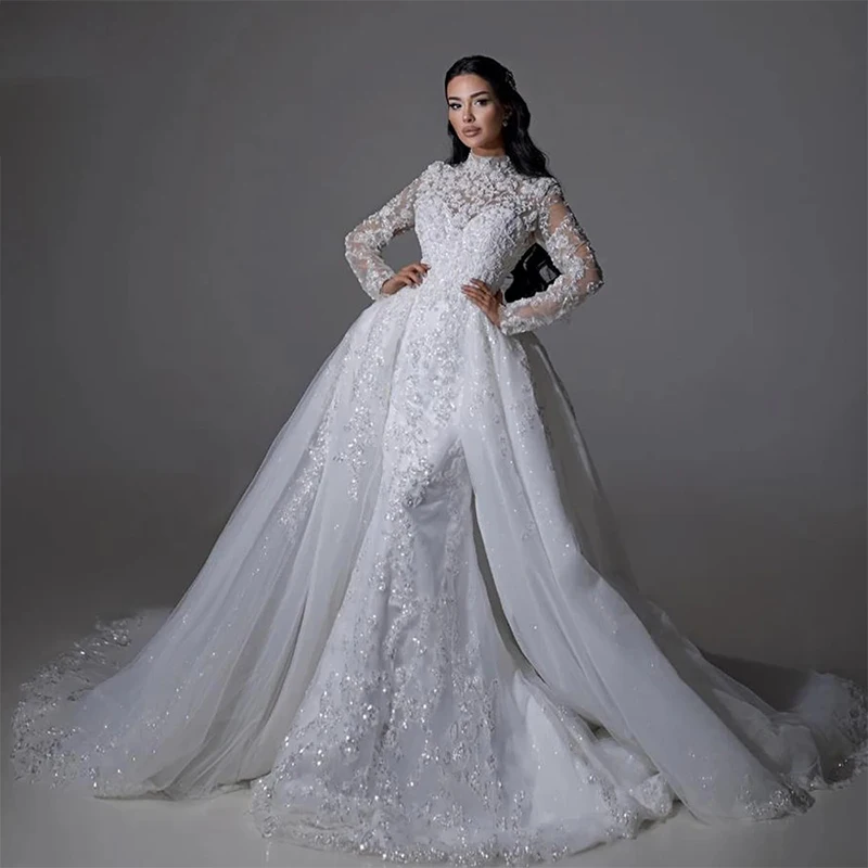 Luxurious Detachable Train Wedding Dress Sequins With Organza With Embroidery Mermaid Ball Gown High-Neck Full Sleeve Customized