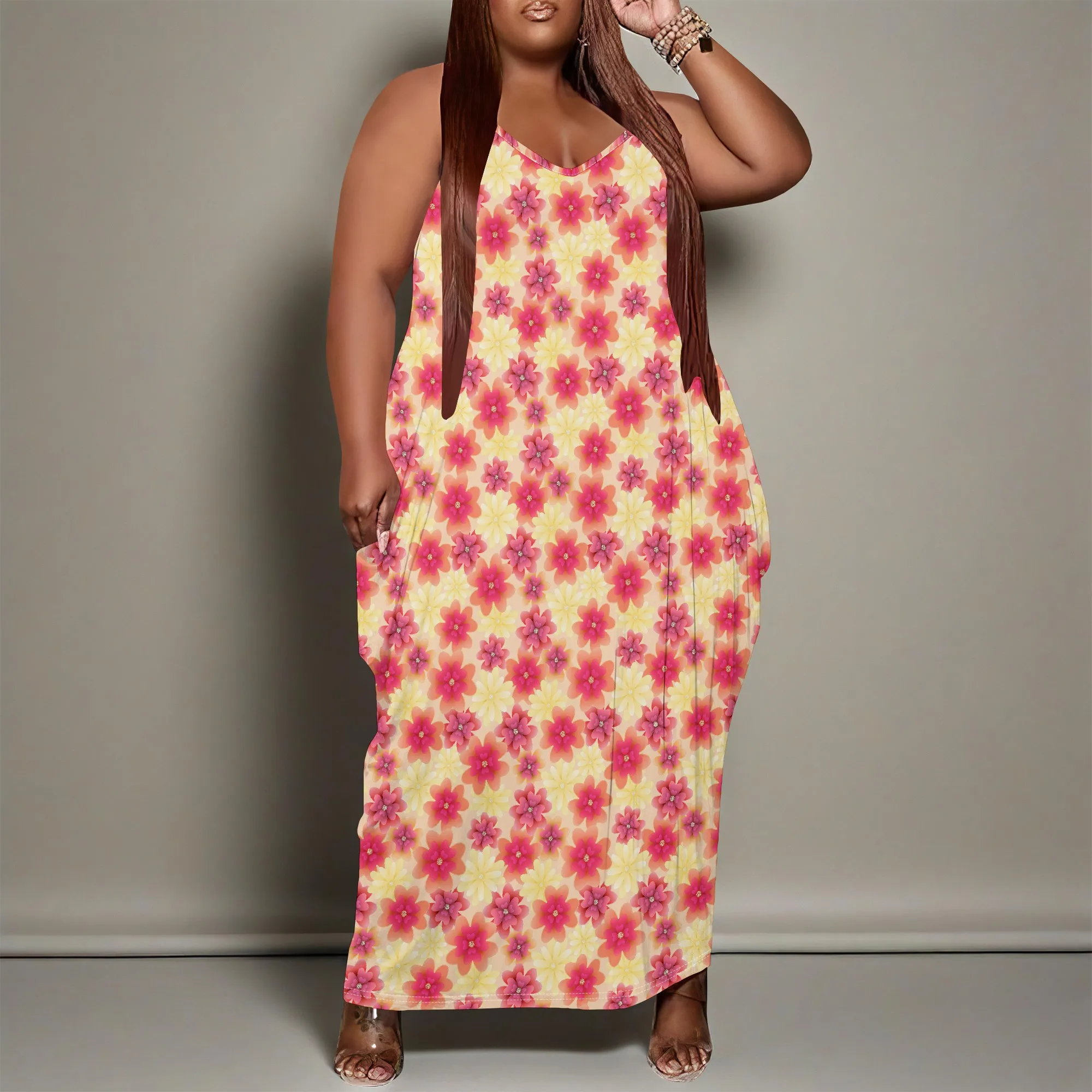 Women Plus Size Dress Floral Print Loose Halter Long Dress with Pocket Stretchy Relaxed XL-6XL