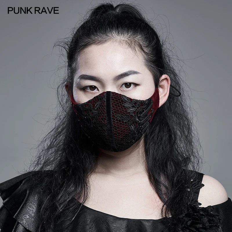 PUNK RAVE Women Men Both Gorgeous Gothic Style Noble Weft Velvet Lace Stitching Mask Black & Red Club Fashion Accessories