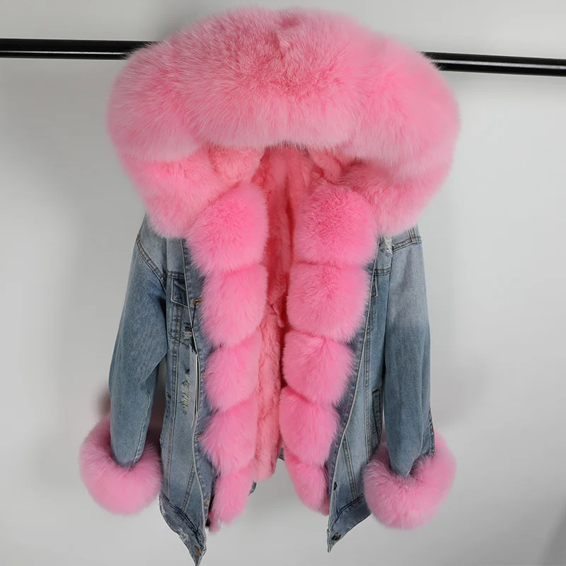 Real Parka 2023 Fur Denim Coat Winter Jacket Women Natural Fox Fur Collar Rex Rabbit Fur Liner Loose Outerwear Vintage Fashion