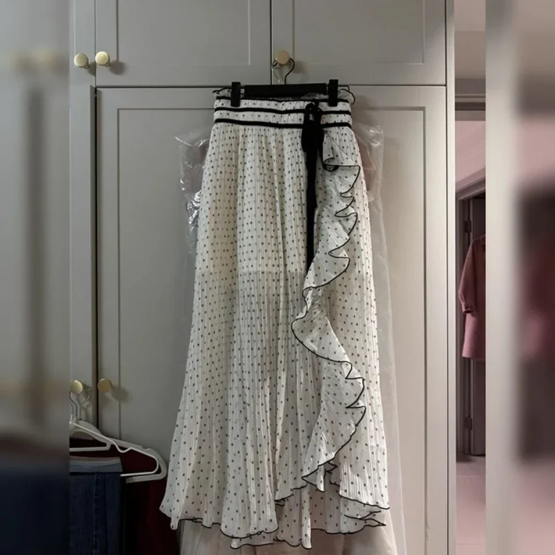 New French Fashion White Polka Dot Skirt Women High Waist Pleated Strap Ruffles A-Line Long Skirts Irregular Summer Holiday Jupe