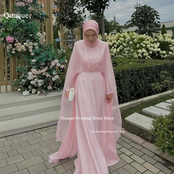 Qunque Vintage Pink Arabic Evening Dress Cape Customized Chiffon Robes De Soirée Women Robe Femme Musulmane Vestidos De Fiesta