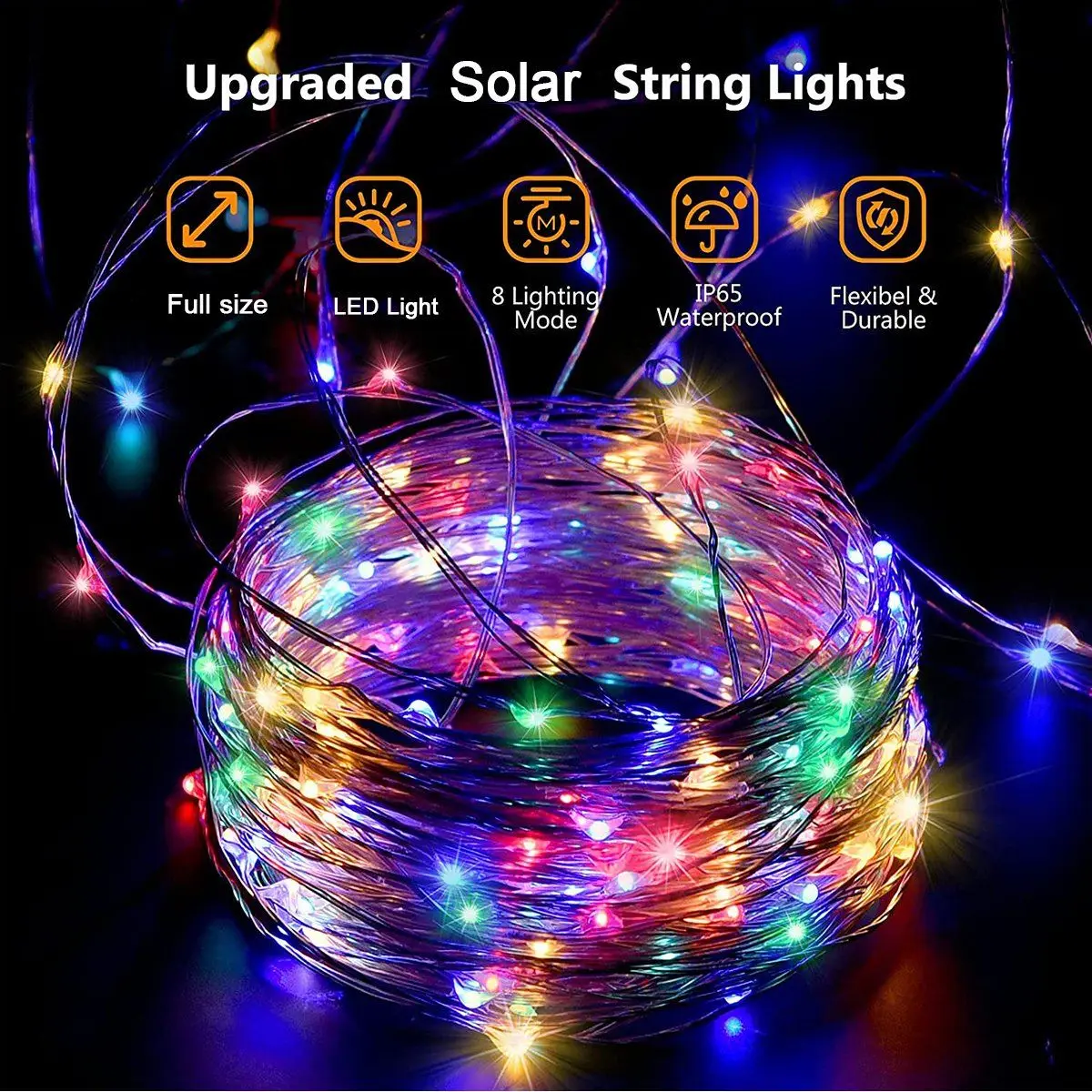 2pcs LED Solar String Lights Holiday Decorative Lights Garden Outdoor Waterproof Lights 8 Functions