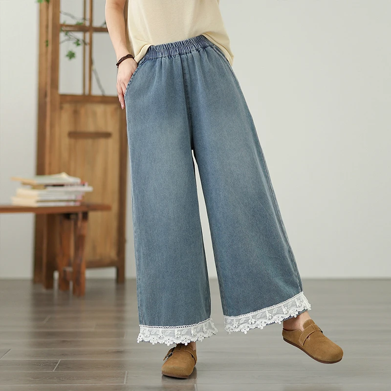

Spring New Japanese Vintage Mori Girl Lace Embroidery Hem Denim Cotton Pants Women Elastic Waist Casual Wide Loose Leg Pants