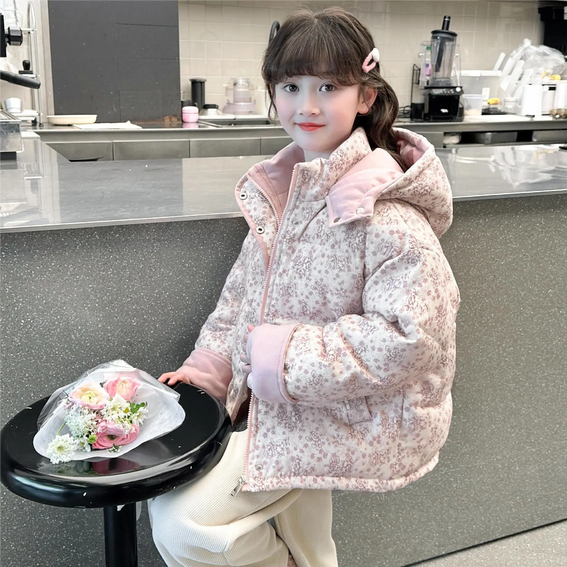 

Girls' Cotton Jacket 2025 New Style Western Style Children's Floral Cotton Jacket Thickened and Warm
