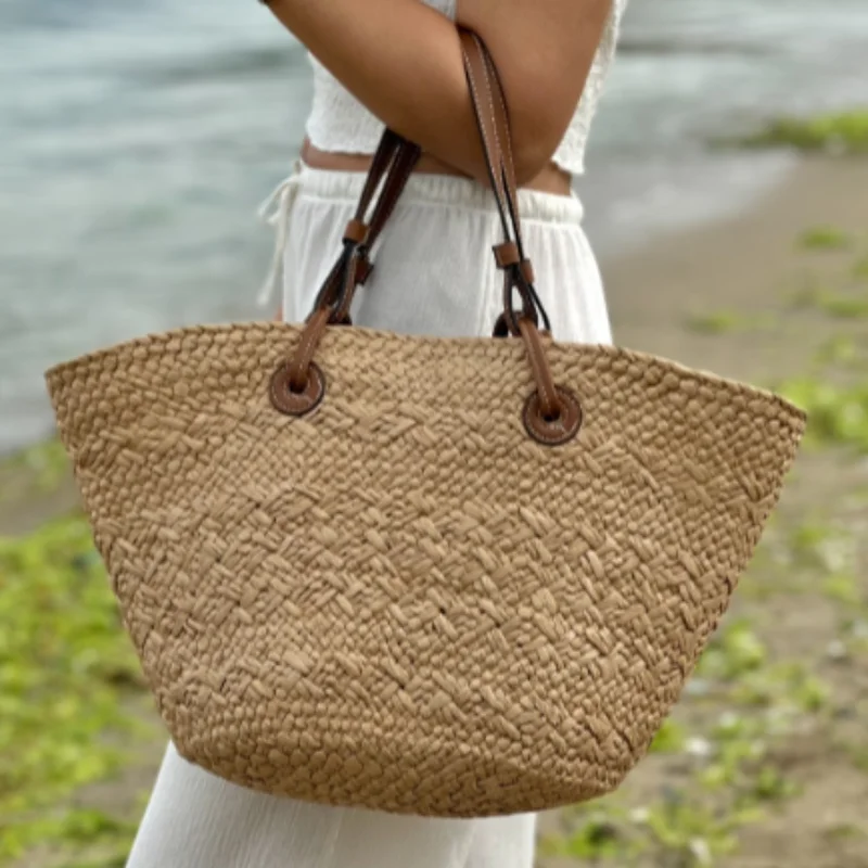 

Large Capacity Solid Color Straw Bag Luxury Brand Fashion High Quality Tote Bag Summer Beach Vacation Basket Purse Shopping Bag