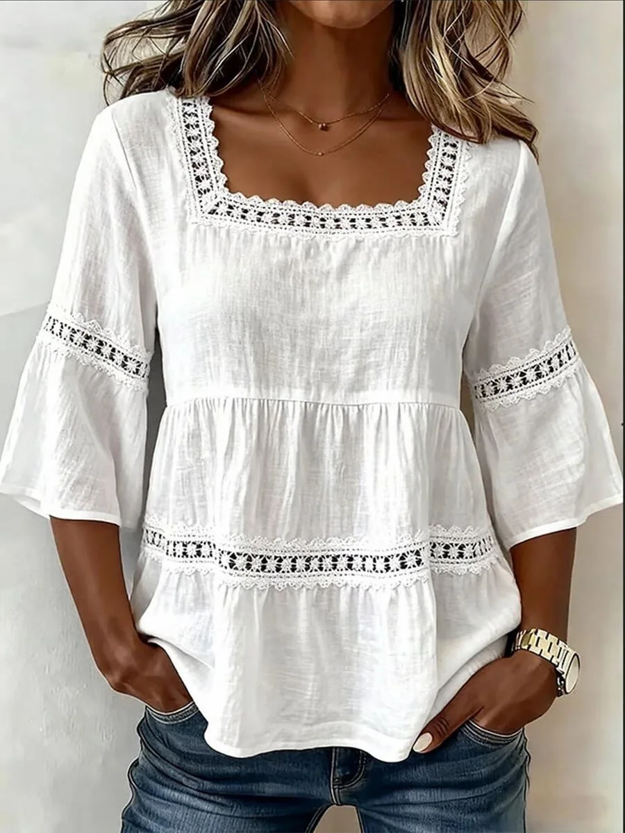 Summer Solid Color Casual Square Collar Cotton Linen Lace Trim Splice Seven-Quarter Short Sleeve Top Women