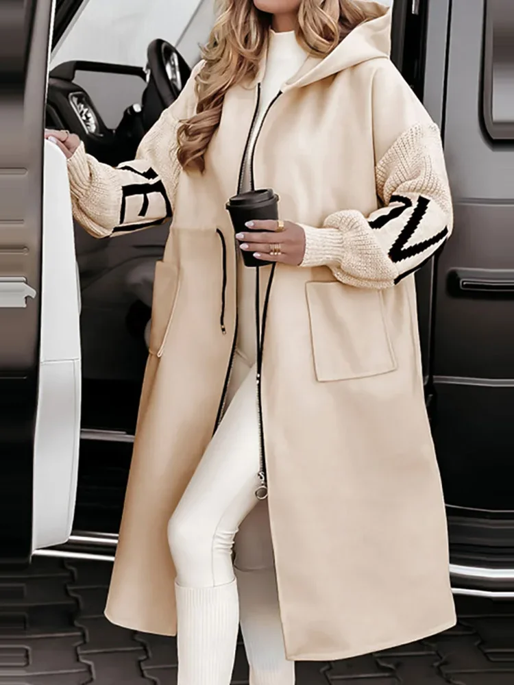 New Autumn Winter Hooded Patchwork Outerwear, Women Long Sleeve Zipper Maxi Jackets, 2024 Lace-Up Casual Ladies Coats Streetwear