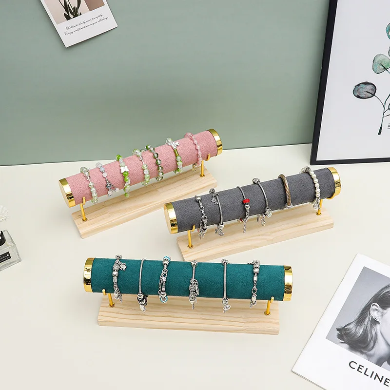 

Single Layer Bracelet Stand Flannel Jewelry Display Stand Bracelet Watch Necklace Stand With Wooden Base Jewelry Display Rack