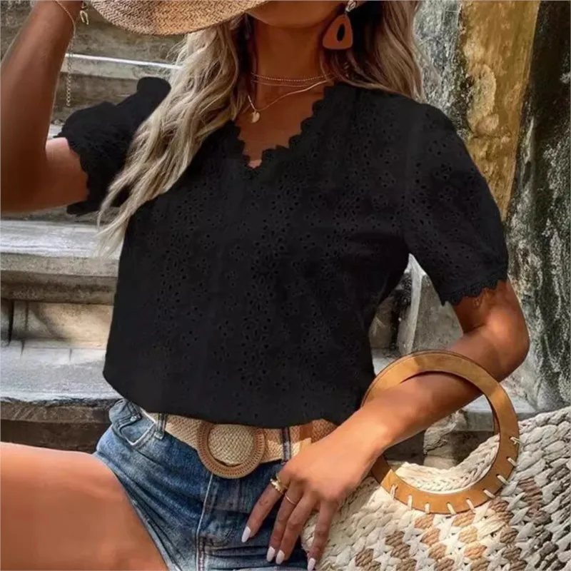 Elegancka damska bluzka Moda Tees 2024 Summer New Solid Short Sleeve Hollow Out Shirt Commuter Office Female Leisure Lace S-3XL