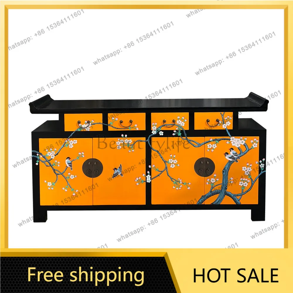 LD new Chinese-style solid wood warped head dining side cabinet foyer corridor partition storage decorative cabinet painted