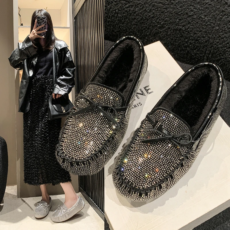 High Quality Flat Round Head Bow Full Drill and Velvet Warm Fashion All Comfortable Non-slip Breathable Women's Single Shoes