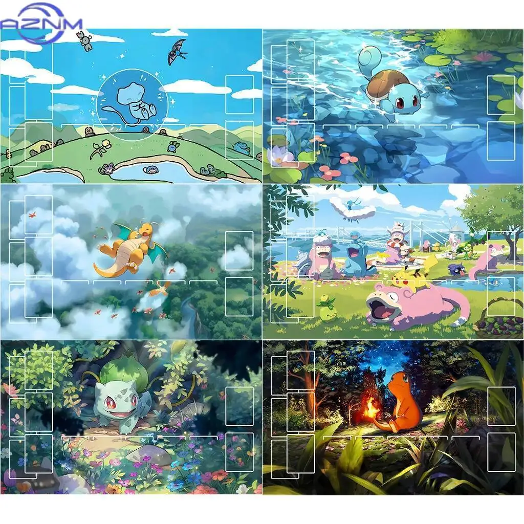 Pokemon Kanto Starters Landscape TCG Mouse Pad, Waterproof Non-Slip Trading Card Game Play Mat With Card Zones