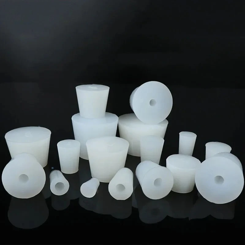 White Conical Silicone Plugs With Hole High Temp Rubber Laboratory Flask Stopper Tapered Hole Sealing Covers