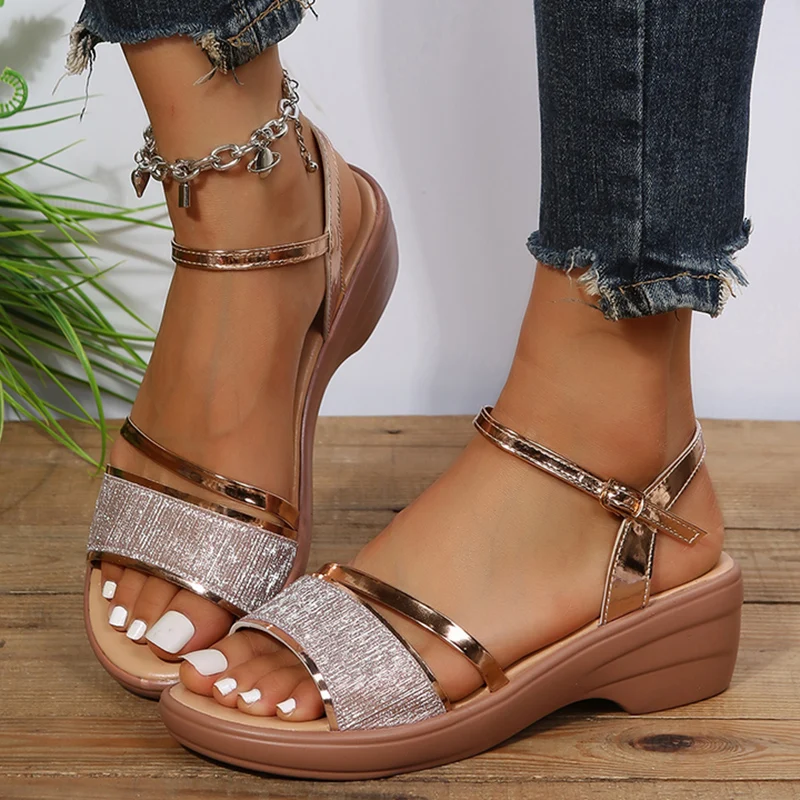 Gold Silver Platform Sandals Women 2023 Summer Thick Heeled Wedges Sandals Woman Plus Size 43 Ankle Strap Gladiator Sandalias