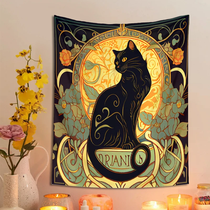 Divine Black Cat Tapestry Wall Hanging Rose and Sunbeam Art Nouveau Floral Wall Art Animal Bohemian Wall Decor Cat Lovers Gift