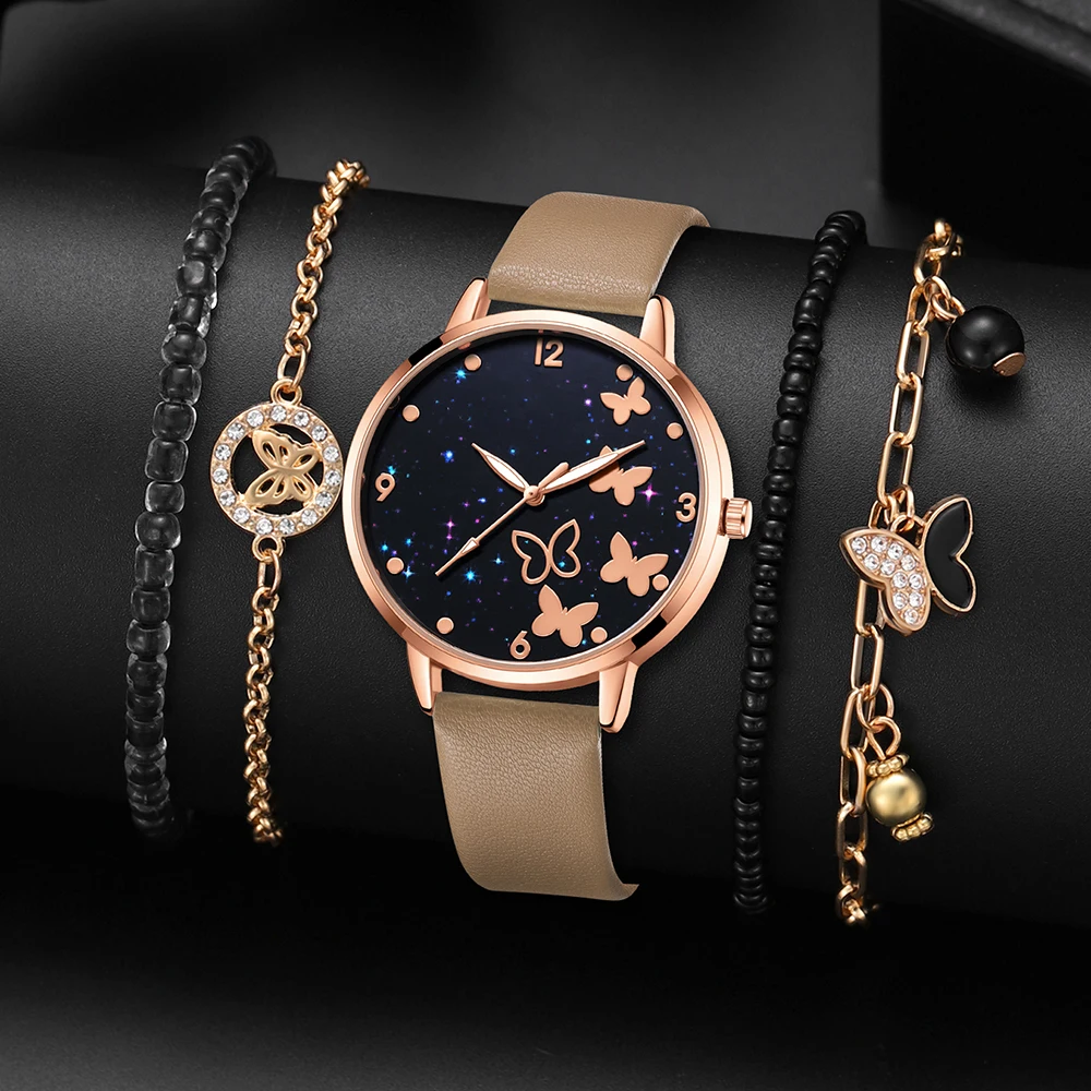 5PCS Coffee Color Women\'s Luxury Leather Watch Simulation Women\'s Quartz Watch Fashion Bracelet Watch Set Women\'s Perfect Gift