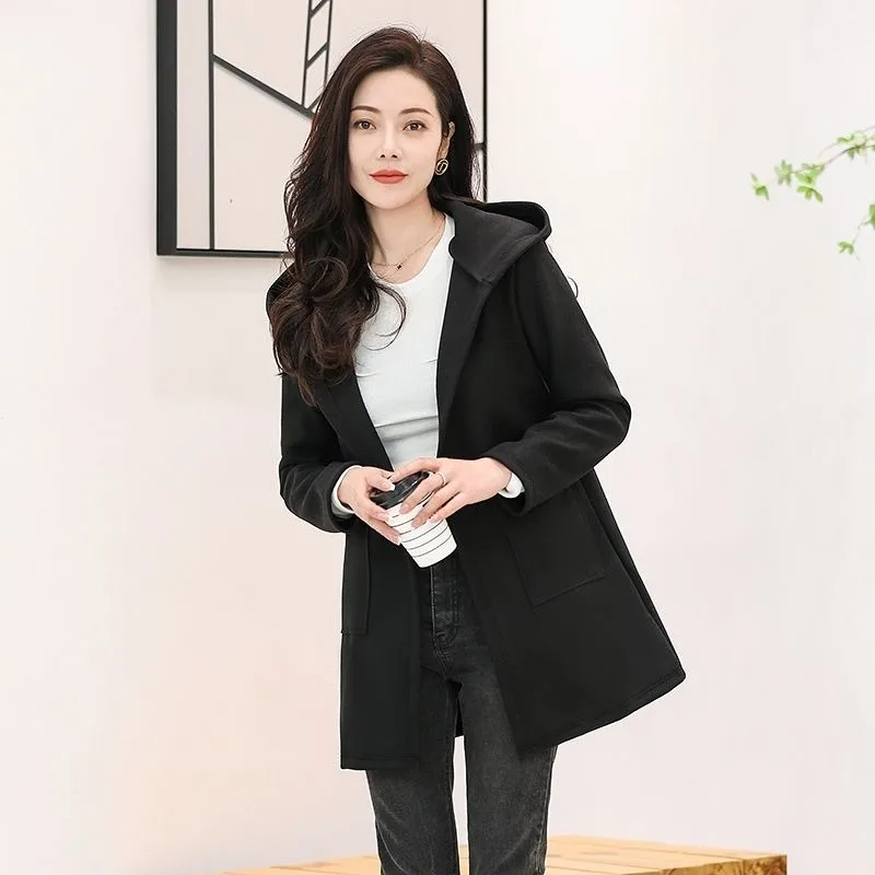 

Весенне-осенний шерстяной облегающий кардиган, простой темпераментный шерстяной пальто средней длины