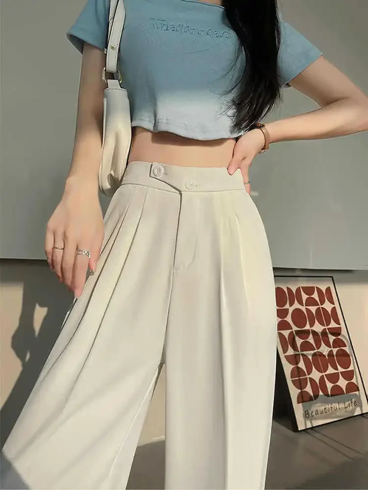 

Wide Office Trousers for Women 2024 High Waist White Straight Stacked Pants with Pockets Double-button Classic Women's Trousers