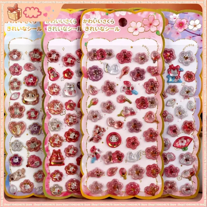 

3d Japanese Sakura Crystal Epoxy Stickers Cute Cartoon Cat Dog Solid Relief Decals For Girls Diy Craft Scrapbook Decoration Gift