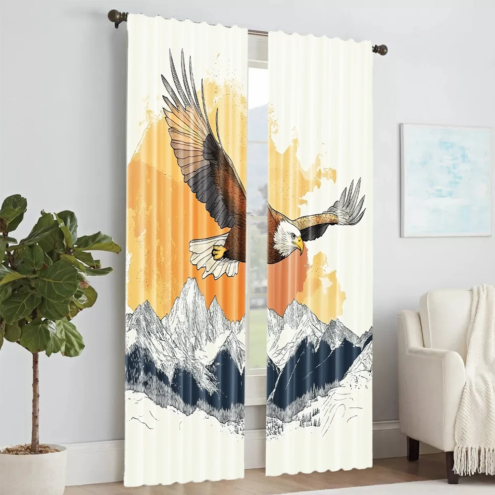 2 pcs, versatile polyester transparent curtains for home decoration Eagle Soaring Over Mountains for use in bedrooms and living