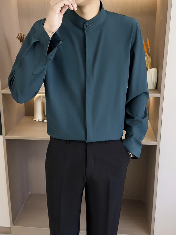 

New Chinese Style Long Sleeve Casual Shirt Men's Spring Autumn Anti-Wrinkle Stand Collar Non-Iron Button up Top Polyester Fiber