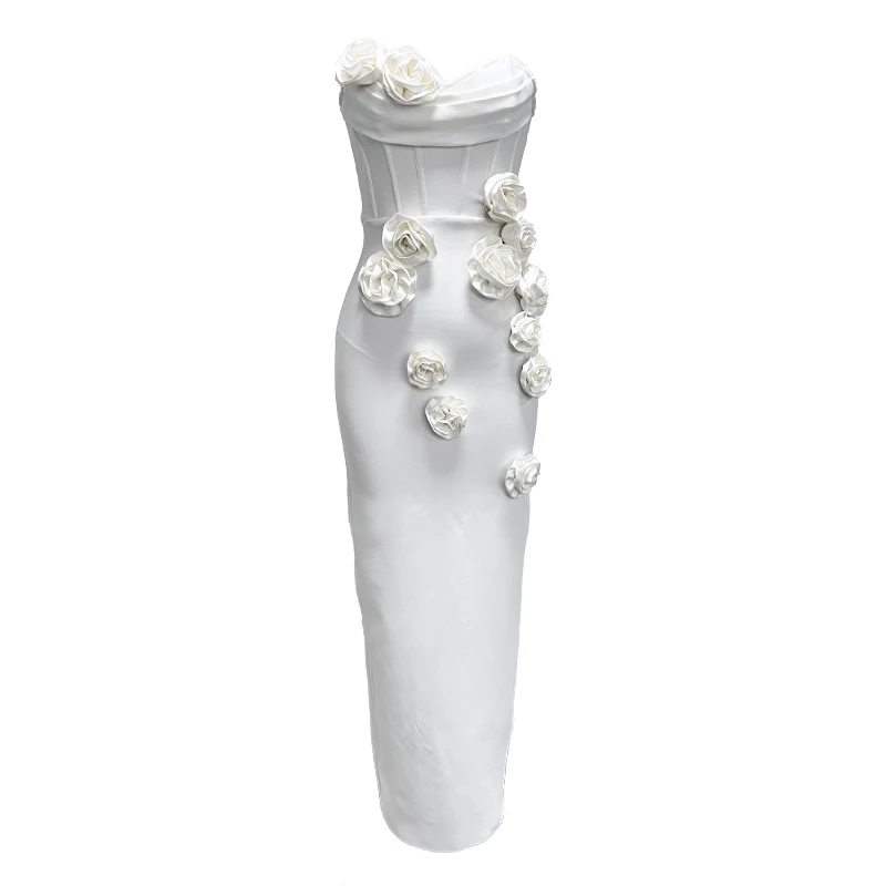 New Arrival White Color Women Sexy Florals Strapless Bodycon Mid-calf Bandage Dress Celebrate Vacation Birthday Party Dress