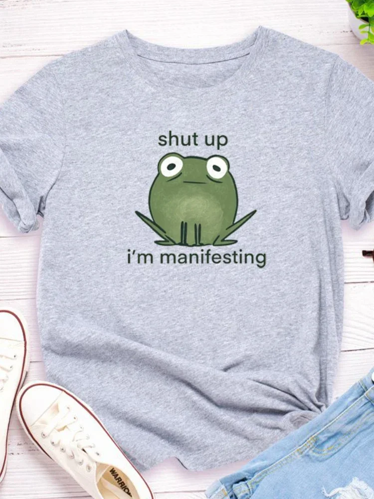 I'm Manifesting Frog Print Women Tee Short Sleeve O-Neck Loose Women Tee Design Summer Vintage Versatile Trendy High Quality Tee