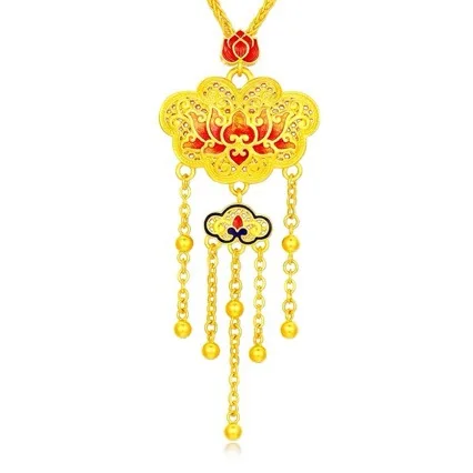 Ancient 24K gold filigree enamel double red lotus lock tassel necklace female new AU999 set of pure gold jewelry