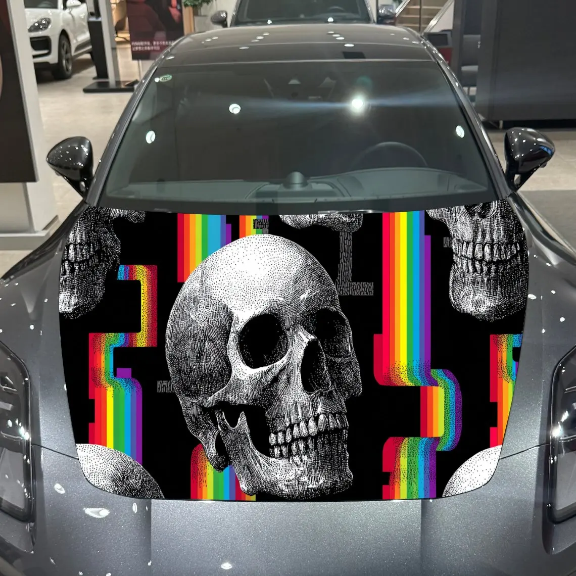 

Автомобильная наклейка с черепом и красочным художественным фоном Glitch и Mystic-Pop Art Готический Macabre Эстетическая наклейка на капот автомобиля, водонепроницаемая