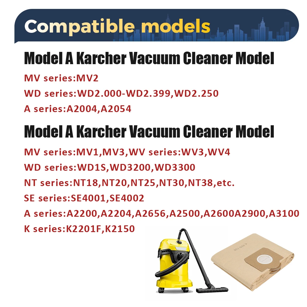 10 قطعة كيس لجميع الغبار 6.959-130 ل Karcher WD3/MV3/WV3/WV4/WD3200 WD3300 A2204 A2656 SE4001 SE4002 NT18 جهاز آلي لتنظيف الأتربة ورقة حقيبة