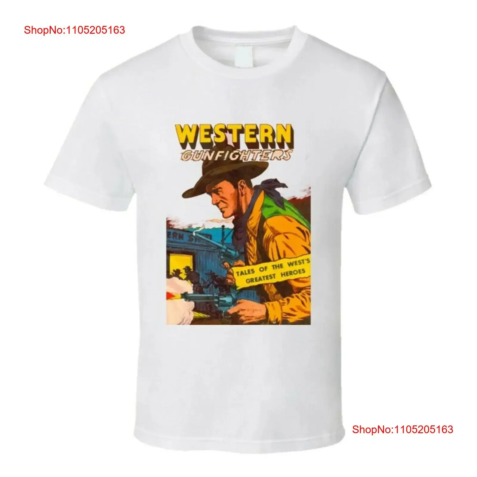 Mens Retro White T shirt Western Gunfighters Shoot Out 50s 40s Cowboy Gun vintage Washed Stretched Slightly Soft Versatile